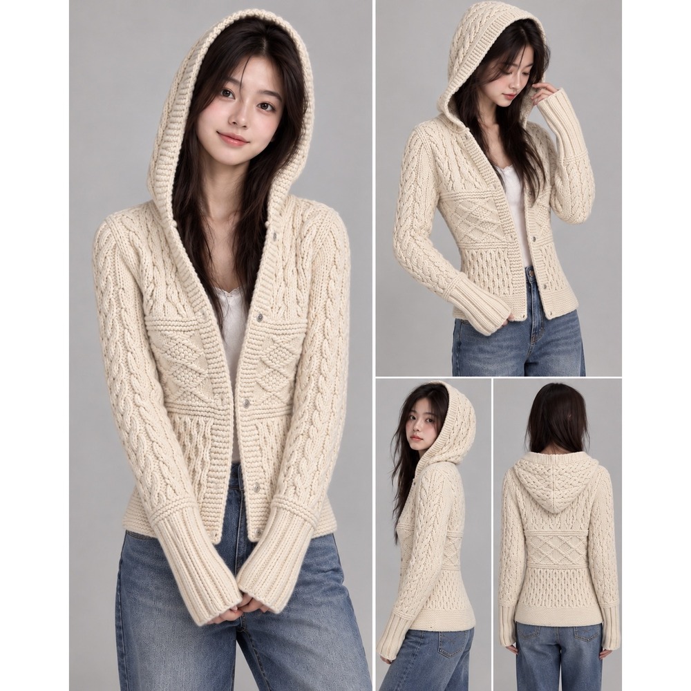 American Eagle Hand Knit 100% Lambswool Hooded Cable Cardigan Sweater Cream M